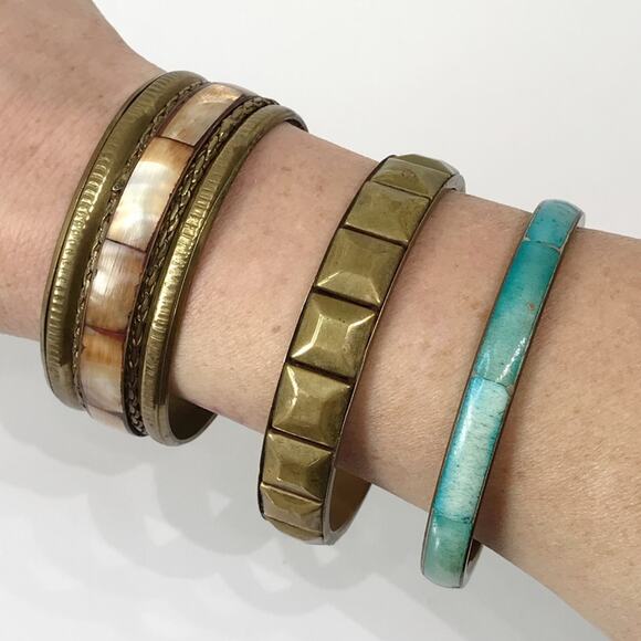 Vintage Brass Hand Crafted Mother of Pearl Inlay Bangles Bracelet Set Lot of 3 - Picture 3 of 16